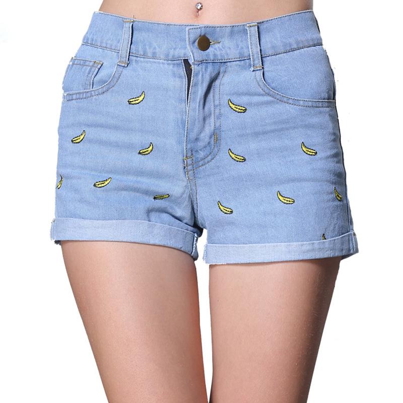 Sharemen Womens Embroidered Print Shorts Cutout Jeans Shorts Loose Shorts 
