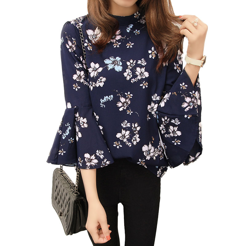 Floral Blouse with High Neck and Flare Sleeve