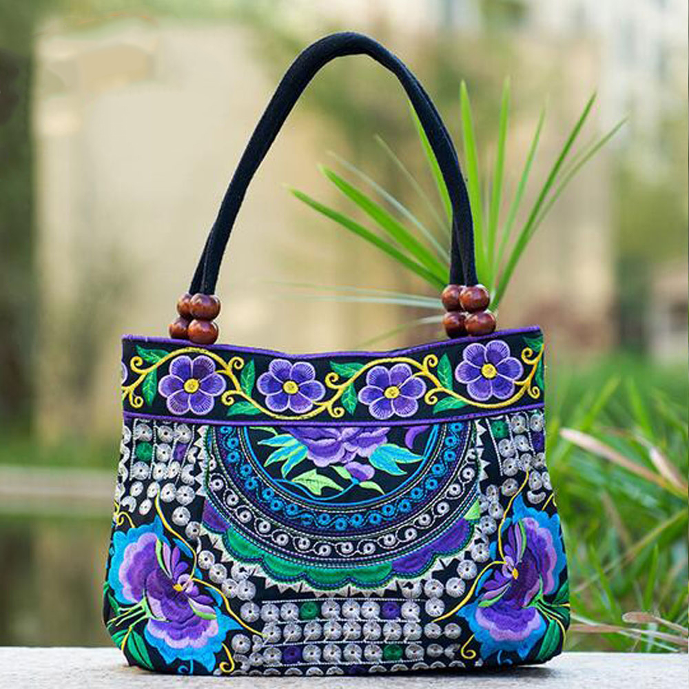 Boho Ethnic Embroidery Bag - Floral Purple