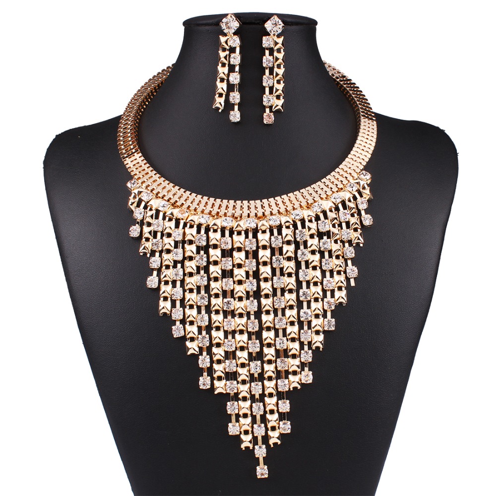 Women's Crystal Pearl Gold Silver Chain Pendant Choker Bib Necklace Set Earrings